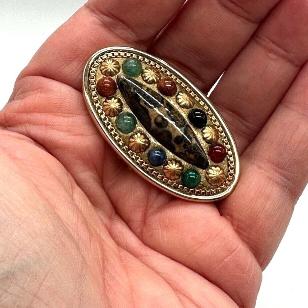 Michal‎ Golan 1.5" Oval Brooch Pin Pendant Gold Tone Goldstone Jasper Aventurine - Picture 7 of 9